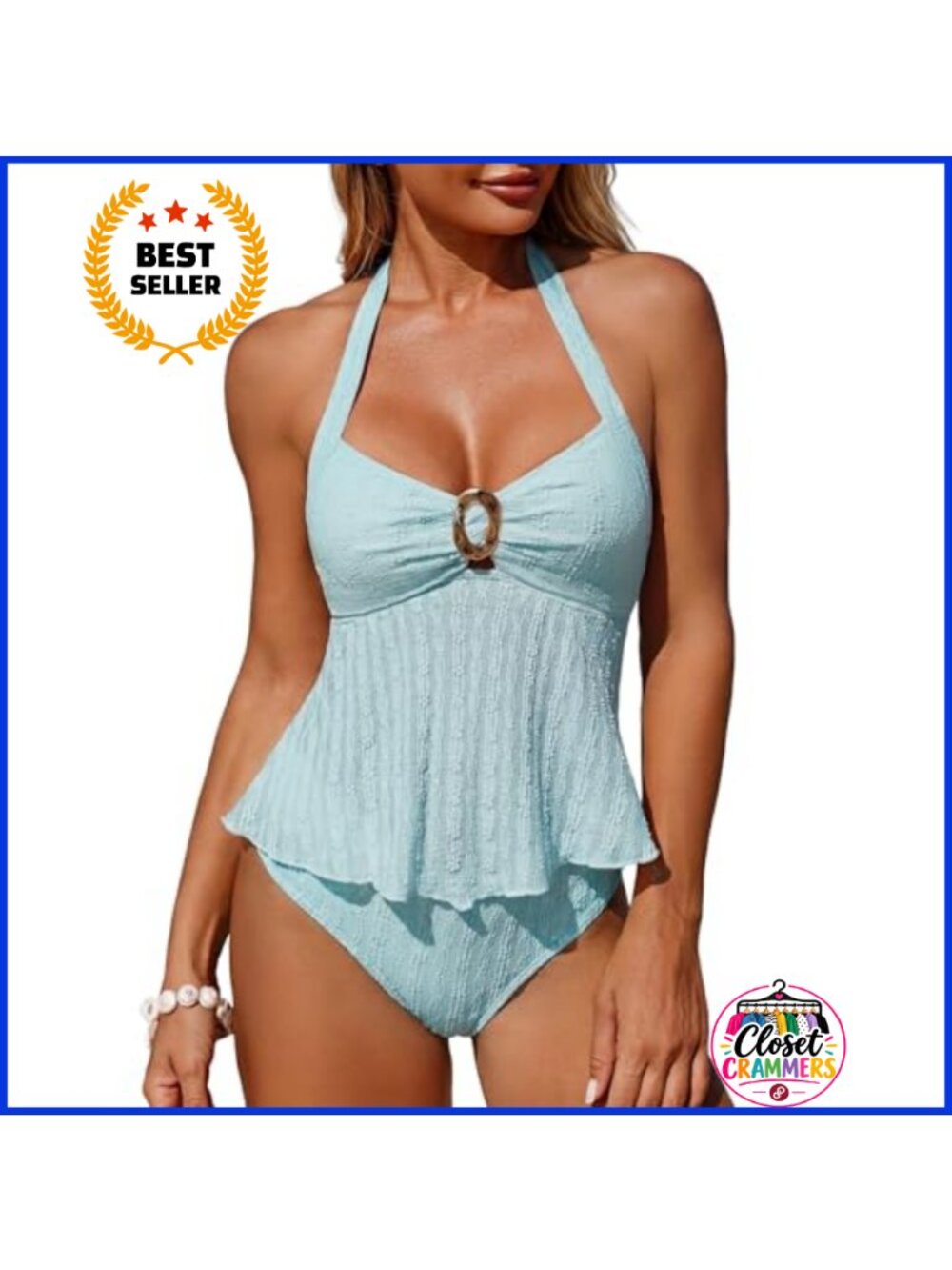 Lace Textured Halter Tankini Set O-Ring Tummy Control High Cut Swimwear